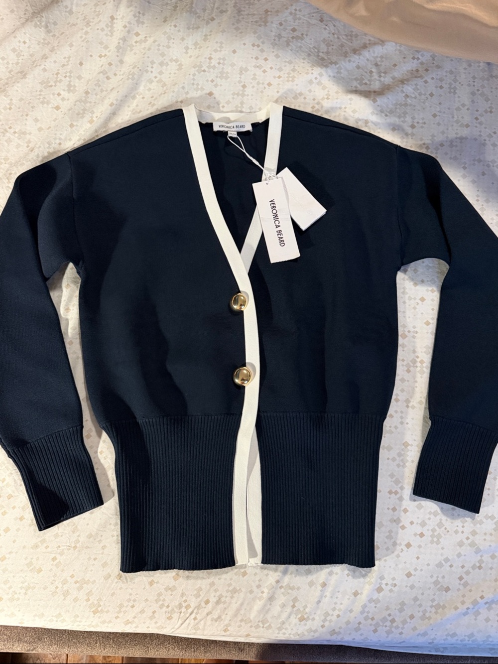 Veronica Beard Navy Cardigan with White Trim and Gold Buttons